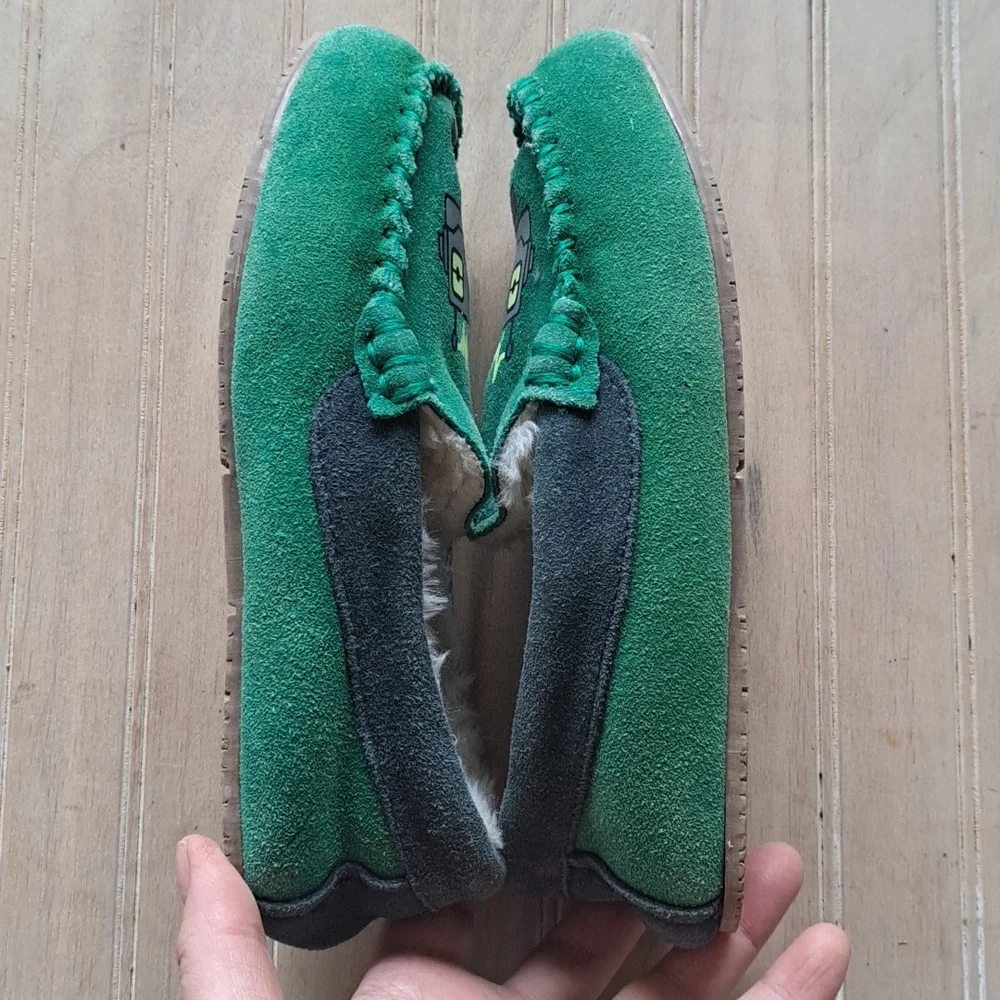 Lands' End Kids' Fuzzy Lined Suede Leather Moccasin Slippers Robot Design